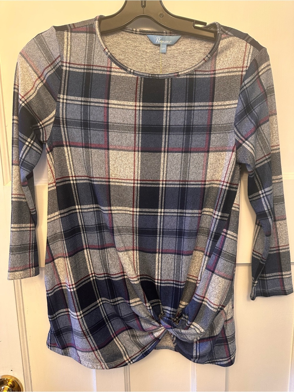 ⭐️ Penmans small Blue Plaid Twist-Knot Long Sleeve Top